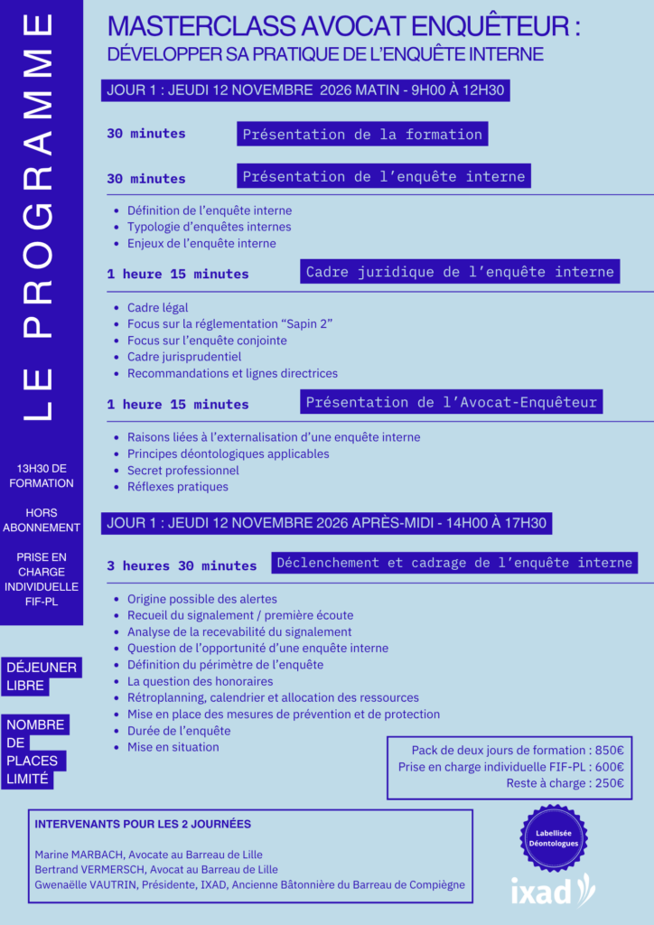 Masterclass Avocat enquêteur : Développer sa pratique de l’enquête interne