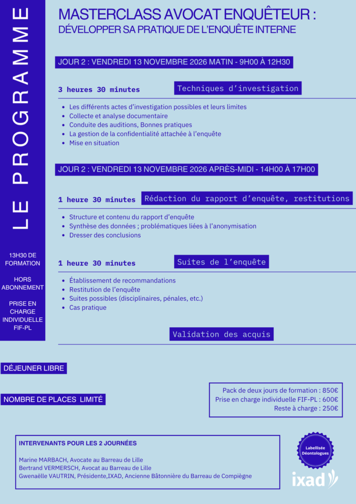 Masterclass Avocat enquêteur : Développer sa pratique de l’enquête interne